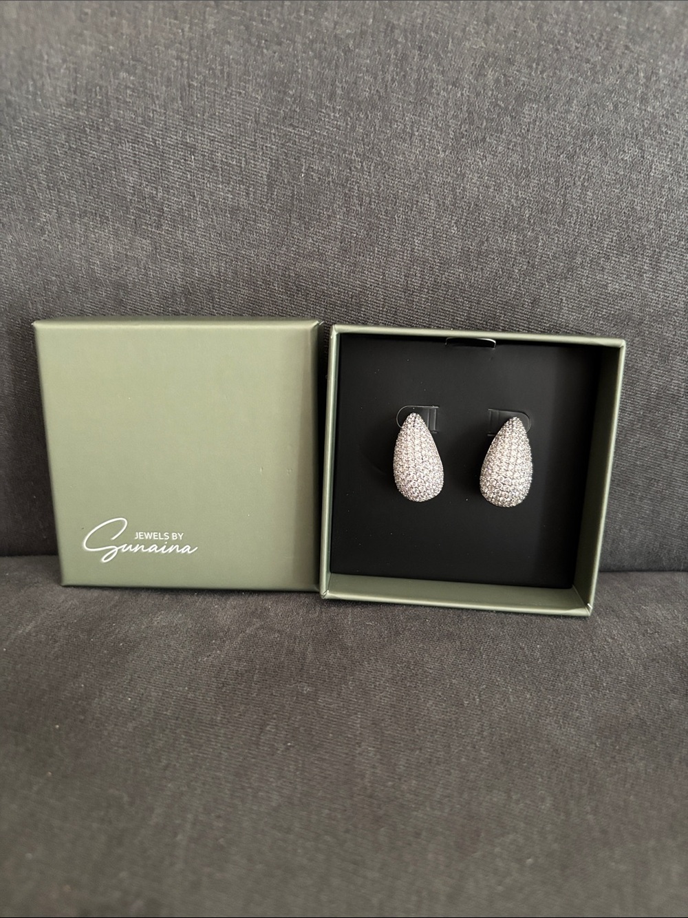 Silver Pave Teardrop Stud Earrings - White